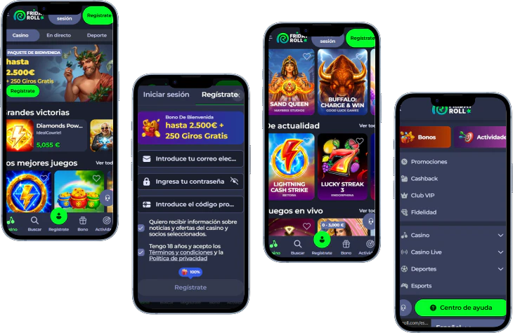Fridayroll Casino versión móvil con juegos, registro, bonos y menú